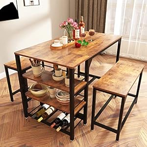 Rxicdeo Dining Room Table Set for 4, Kitchen Table with 1 Bench and 2 Chairs, Kitchen & Dining Room Tables with Wine Rack and Storage Shelf, Space-Saving Dinette for Kitchen, Dining Room (Brown) - immagine 1