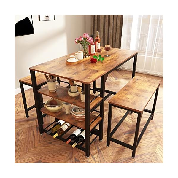 Rxicdeo-Dining-Room-Table-Set-for-4-Kitchen-Table-with-1-Bench-and-2-Chairs-Kitchen-Dining-Room-Tables-with-Wine-Rack-and-Storage-Shelf-Space-Saving-Dinette-for-Kitchen-Dining-Room-Brown