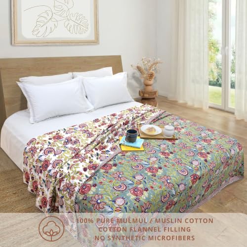 Image of TOAIArt Premium Jaipuri Dohar | AC Blanket Summer Quilt | Hand Block Printed | 3 Layers | Reversible | 150GSM 100% Mulmul Cotton | 100% Cotton Flannel Filling | Queen 90 inch X 108 inch|Rangeela Bagh