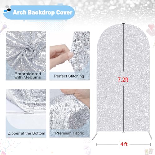 Image of Sequin Silver Arch Cover Spring 7.2FT Balloon Arch Backdrop Cover Spring Wedding Arch Spandex Stand Cover Round Top for Baby Shower Birthday Party Photo Background Decor