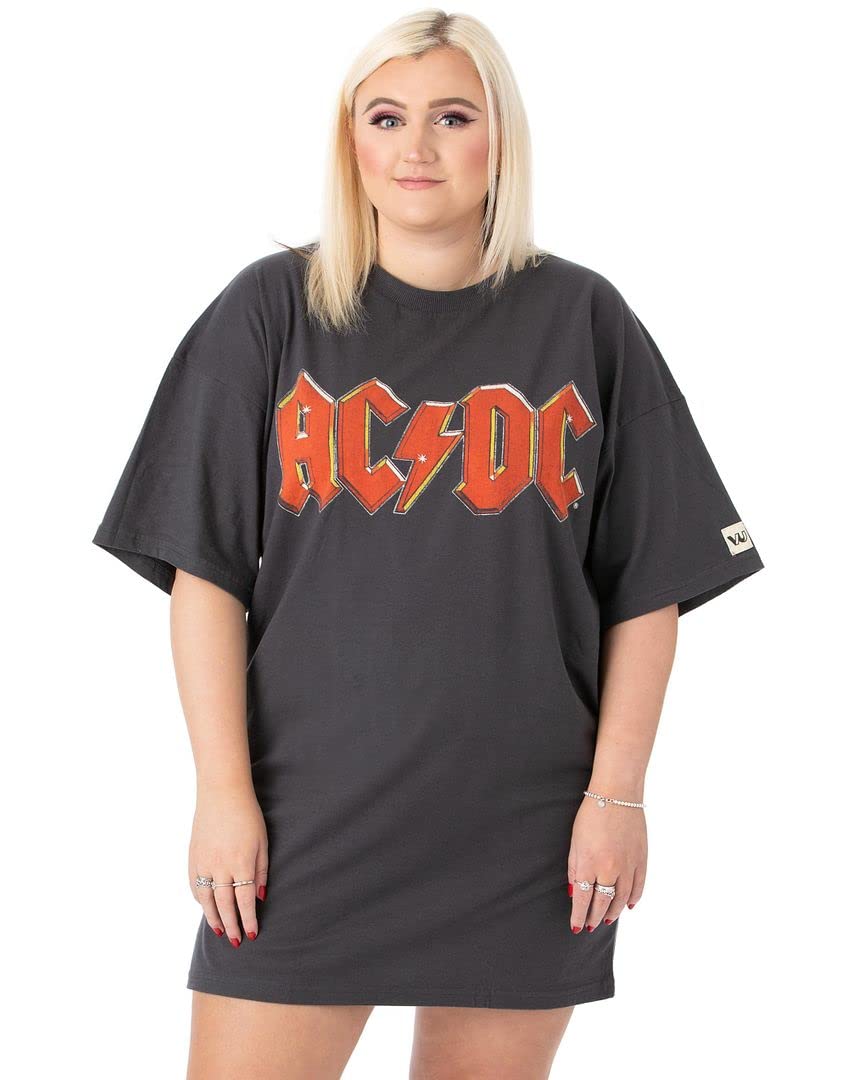 Ac/Dc Women's Charcoal Grey T-Shirt Dress | With Classic Band Logo Oversized Graphic Tee For | Fly On The Wall 1985 Tour Merchandise | Pop Rock Concert Gig Top | Festival Gift For Adults
