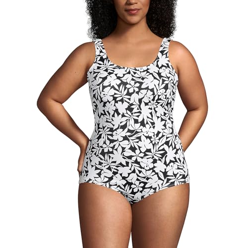 Lands' End Womens Chlorine Resistant Tugless Tank Soft Cup One Piece Swimsuit Black Havana Floral Regular 2