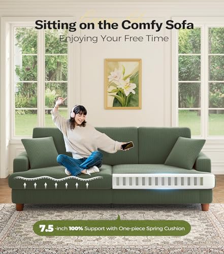 Kidirect 87in Green Sofa, Couches for Living Room 21in Extra Deep Seats, Comfy Corduroy Sofas for Living Room No Tool Assembly, Modern Oversized Love Seat with 2 Pillows, Sofa Couch for Bedroom