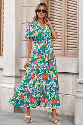 Image of MASCOMODA Women Boho Swiss Dot Maxi Dresses Wrap V Neck Flutter Short Sleeve Solid Tie Waist A Line Tiered Flowy Long Dresses
