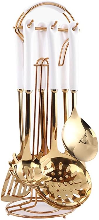 AQUAX Stainless Steel kitchenware seven Pieces Set (White Gold).Cooking Utensils 7 pcs Set with hanging shelf .Include Slotted Spoon, Slotted Spatula, Large Spoon, Soup Ladle, Spatula, Pasta spoon.