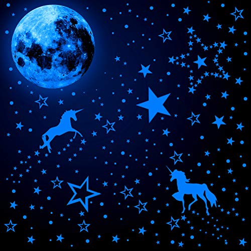 466 Pegatinas de Pared de Unicornio que Brillan en Oscuridad con Pegatinas Luminosas de Lunares y Estrellas Pegatinas de Techo Fluorescentes para Decoración de Habitación Bebé (Azul Fluorescente)