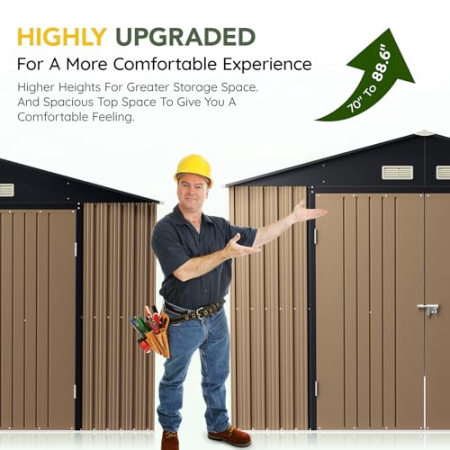 Image of Outdoor Storage Shed 10x12FT with Frame Floor, Skylight Roof Panels, Metal Utility Garden Tool Shed with Lockable Doors & Windows for Patio Storage, Brown
