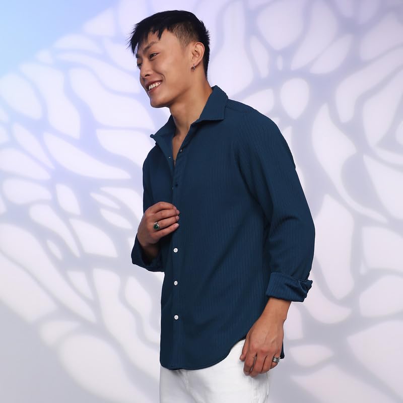 Image of CAHOOT Men's Veined-Textured Shirt | Casual Wear | Spread Collar | Long Sleeve | Button Closure | Shirt Crafted with Comfort Fit for Everyday Wear