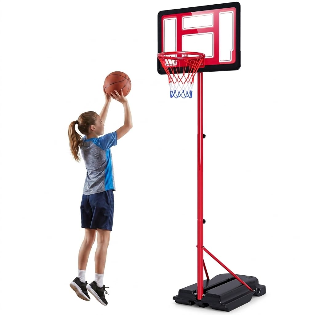 GYMAX Basketballkorb Outdoor, Korbhöhe 141-273.5 cm höhenverstellbar, Basketball Korb mit Rollen & befüllbarer Basis, Mobile Basketballanlage für Kinder, Erwachsene
