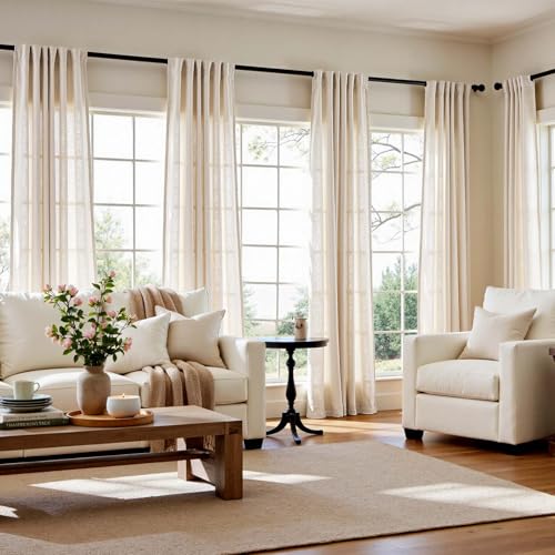 Image of jinchan Linen Curtains Light Filtering Back Tab 50x84 Inch 2 Panels Beige
