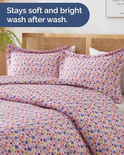 Image of Duvet Cover King Size Set - Extra Soft Floral Duvet Cover 104 x 90 with 2 Pillow Shams - Comfy, Breathable Floral Bedding Set - Hotel Luxury & Fade Free w / Zipper Closures & Ties - Watercolor Garden
