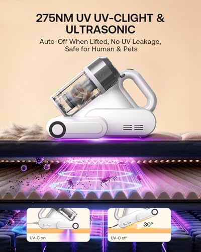 Image of Trucozie Mattress Vacuum Cleaner with 275nm UV-C Light & 149℉ Heat, 16Kpa Powerful Suction Bed Vacuum for Pet Hair & Dander, Smart Dust Sensor, Anion & Aromatherapy, Corded for Bed, Sofa, Couch, White