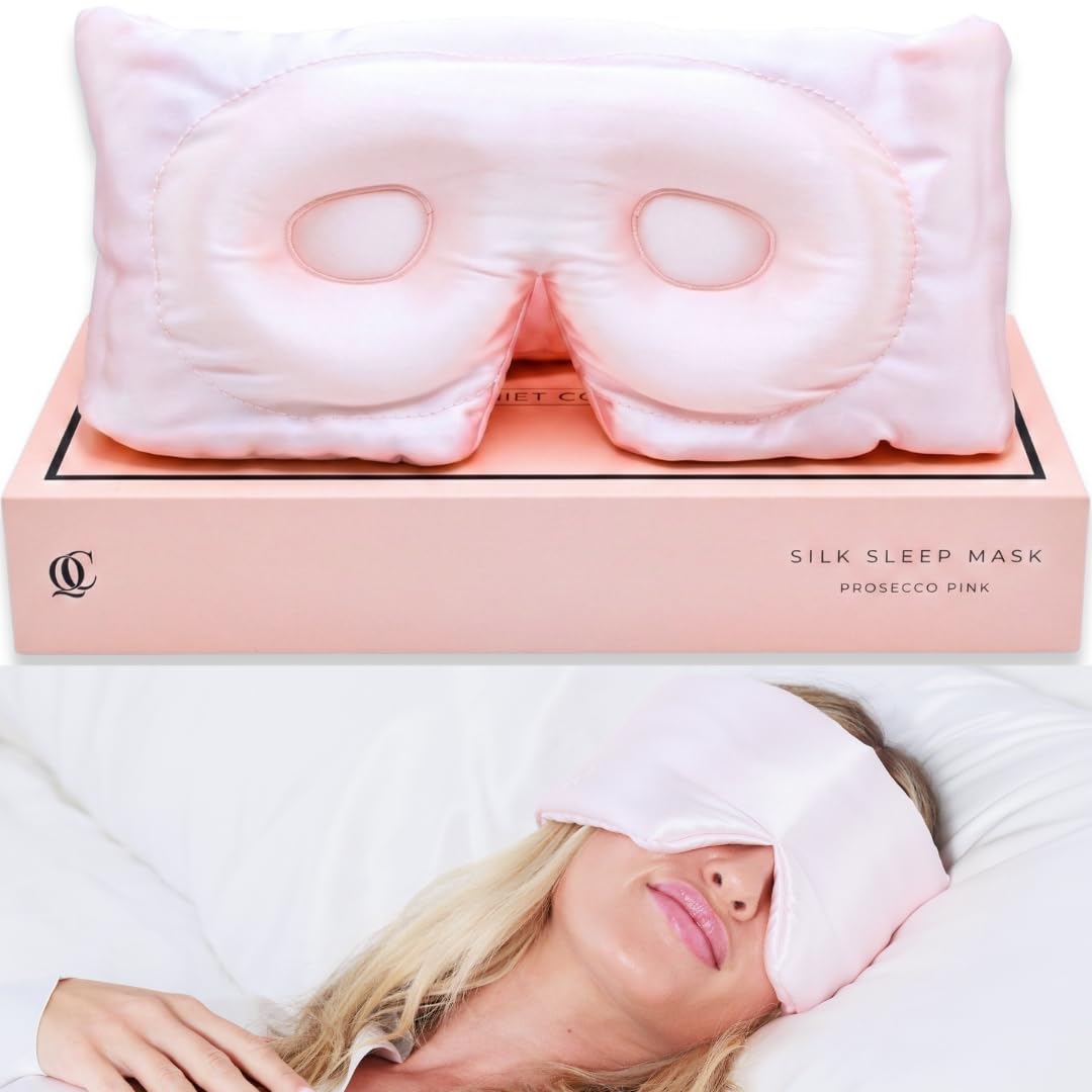 QUIET COVE Plush 3D Contoured Silk Sleep Mask - Total Blackout, 100% Silk 22 Momme, Foam Eye Cups Do Not Crush Eyelashes, Luxe Cloud Filling for Side Sleeping Comfort (Prosecco Pink) - Luxury Gift Box