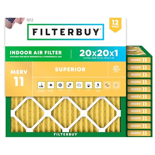 Filterbuy 20x20x1 Air Filter MERV 11 Superior Pet & Allergy Defense (12-Pack), Electrostatic Pleated HVAC AC Furnace Filters Replacement, Made in USA (Actual Size: 19.50 x 19.50 x 0.75)