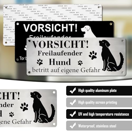 Vorsicht Hund Schild Warnschild für Freilaufenden Hund 25x9cm Selbstklebend Aluminium mit Löchern Schrauben Kabelbinder