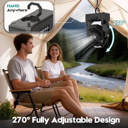 XZK Camping Fan, Rechargeable Battery Powered Tent Fan with 64H Runtime, LED Light, 4-Speed Quiet Portable Fan for Outdoor, Travel, Fishing, Jobsite, Emergency, Gift for Men-20000mAh(Dark Black) - Image 3