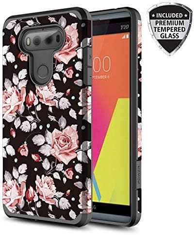 LG V20 Case, TownShop Hard Impact Dual Layer Shockproof Bumper Case with [Tempered Glass Screen Protector] for LG V20 - Pink Rose