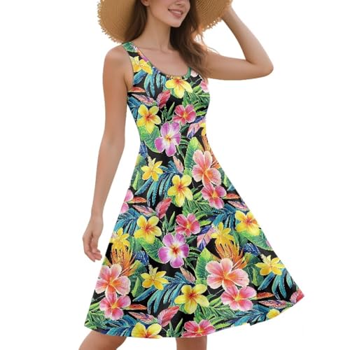 Image of Women Stylish Tank Dresses Sleeveless Round Neck Midi Casual Dress with Pocket for Summer