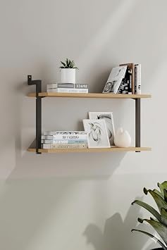 2-Piece Wall Mounted Bookcase, Shelf (Oak)