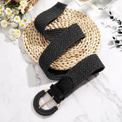 Image of SANSTHS Women Wide Woven Belt for Dresses Fashion Rattan Braided Waist Belt Straw Raffia Boho Belt for Jeans