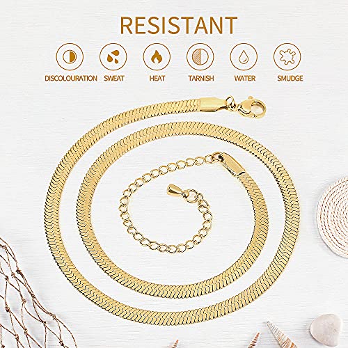 Fiusem Gold Plated Necklace for Women, 14K Gold Plated Herringbone Chain Necklaces, Snake Choker Chain for Women4