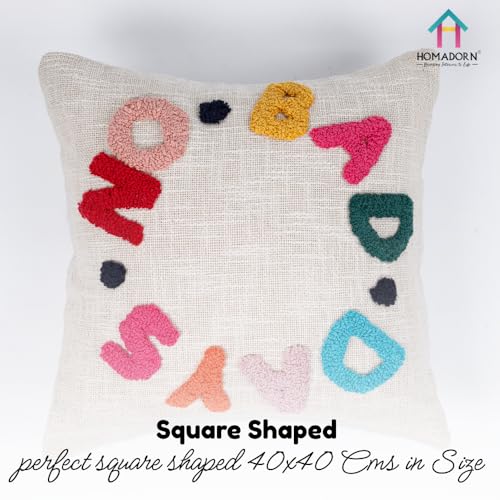 Image of HOMADORN 100% Cotton Hand Tufted Cushion Cover | Text Pattern Decorative Pillow Case | Boho Sofa Cushion Cover for Living Room | Soft & Durable | (16x16 Inches) (2, NO Bad Days Multicolor)