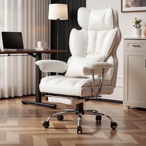 Efomao Fauteuil de Direction, Chaise de Bureau en Cuir PU, Fauteuil de Bureau Ergonomique Ajustable à Dossier Haut, Pivotant 200kg avec Repose Pieds et...