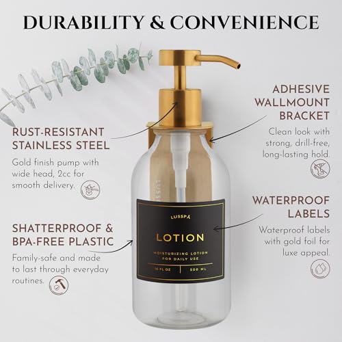 Shower Shampoo Dispenser Wall Mounted – Refillable 16.9 oz Clear Bottle with Stainless Steel Pump & No-Drill Adhesive Holder – Soap Dispenser for Bathroom (1 X Clear/Gold) - image 5