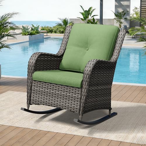 Image of Outdoor Rocking Chair, Wicker Patio Chair with Thickened Olefin Cushions, High Back and Deep Seating, Hand-Woven PE Rattan for Porch, Deck, Balcony, Green