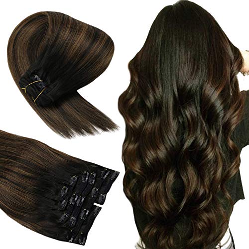 Sunny Human Hair Clip in Balayage Extensions 22 inch Remy Clip in Hair Extensions Balayage Dip Dye Natural Black Fading to Medium Brown Highlight Black 7 pcs 120 gram