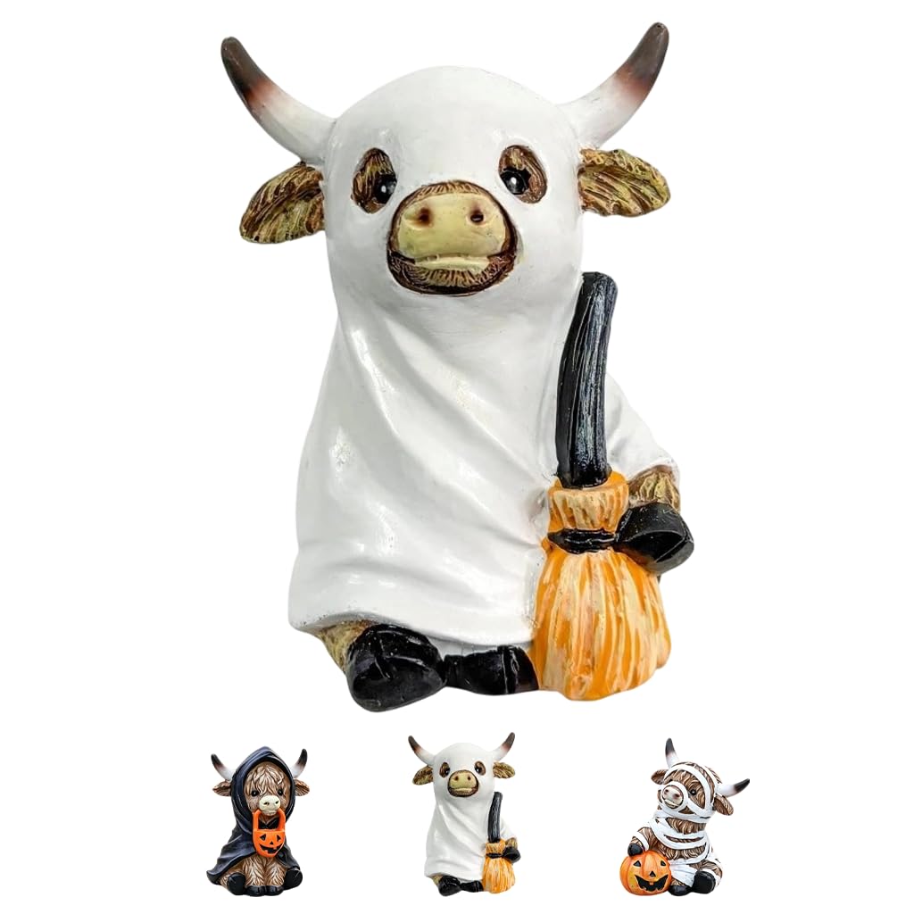 Halloween Highland Cow Resin Figurines Mummy Ghost Witch Decor (Ghost)