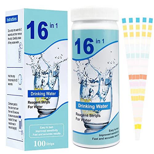 16 en 1 Tiras de Prueba de Agua Potable 100 Piezas Kit de Prueba de Agua Potable en el Hogar Prueba Rápida Fácil Medidor Cloro y PH Piscinas para Probar PH, Dureza, Cloro Libre, Alcalinidad