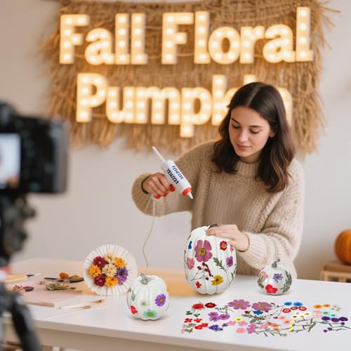 Kit de decoración otoño Halloween con 7 calabazas y 100 flores secas miniatura 6