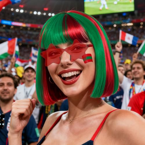 Image of ANOGOL Hair Cap + (Sunglasses) Green Red Bob Wig with Bangs Womens Green Red Party Wigs with Sunglasses Short Neon Wig Fun Wigs Halloween Costume Christmas Hair Sports Event St Patrick Day