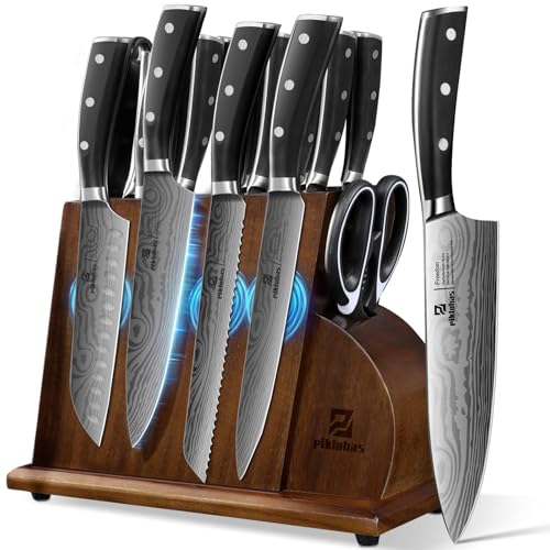 Comparison: Best Damascus Chef Knife Set 6 Piklohas Knife Sets for Kitchen with Block, 17 Pieces with Magnetic Knife Holder, German High Carbon Stainless Steel Damascus Pattern Chef Knife Set