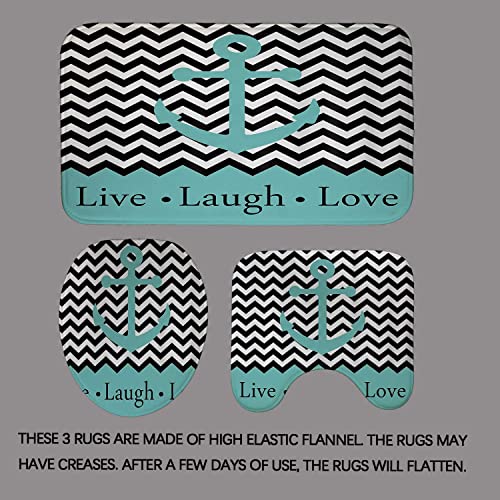 Dia Magico 4Pcs Teal Anchor Shower Curtain Set, Live Laugh Love Motivational Quotes Black And White Chevron Zig Zag Geometric Nautical Bathroom Decor Waterproof Fabric Shower Curtain Non-Slip Bath Mat #TOP3