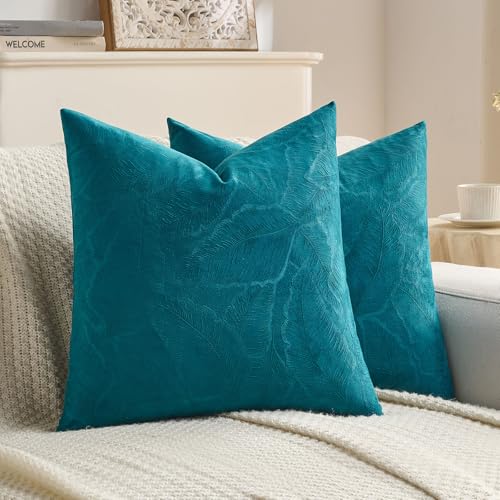Image of FUTEI Pack of 2 Velvet Throw Pillow Covers 16x16 Inch Soft Embossed Leaf-Relief Textured Decorative Cushion Cases Modern Natural Farmhouse Accent for Couch Bed Living Room, Teal