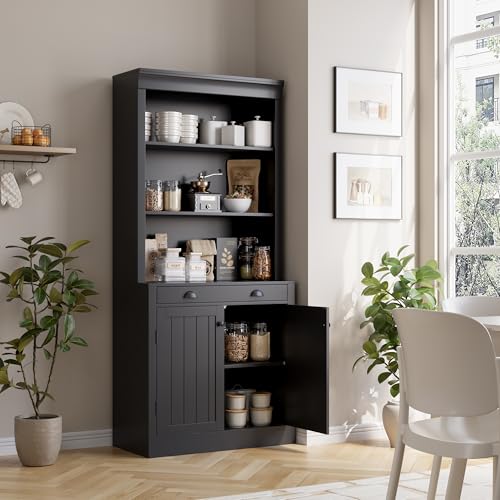 GarveeHome 5-Tier Bookshelf, 70 Inch Tall Bookcase with 2 Doors and 1 Drawer, Modern Pantry Sideboard with Adjustable Shelf, Wooden Storage Cabinet for Living Room, Study, Home Office, Black
