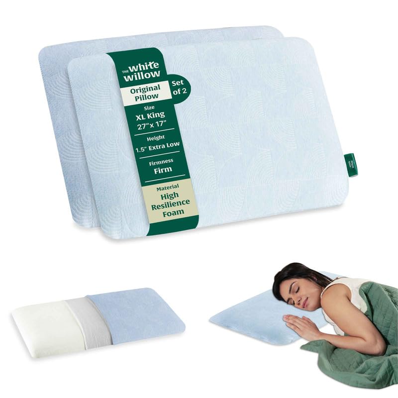 Image of The White Willow Ultra Thin Hard Pillow for Sleeping-Ultra Slim Pillow Set of 2-Slim Pillow for Neck & Shoulder Pain-Flat Pillow-Orthopedic Cervical Neck Pillow-Extra Firm-XL King Size-1.5 inch H-Blue