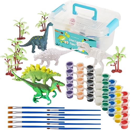 THE TWIDDLERS 20-Teiliges Dinosaurier Malset, 5 Dinofiguren mit 40 Mini-Farbtöpfen (8 Farben), 10 Pinseln & Bäumen - Basteln für Jungen (20er Pack)