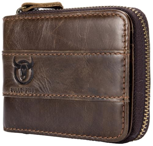 Image of BULLCAPTAIN Mens Leather Wallet Zipper RFID Blocking Wallets Coins Purse (Deep brown)