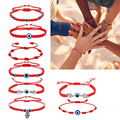 Horoshop 8 pulseiras de olho maligno Hamsa feitas à mão com nó, cordão vermelho, pulseira trançada e