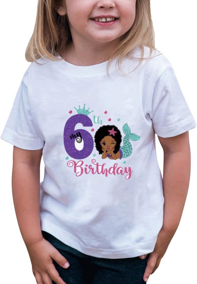 6th Birthday Shirt for Girls, Dress T Shirt for Girls 6 Year Old Gift Outfit Decoration Mermaid Birthday Clothes Style C White2