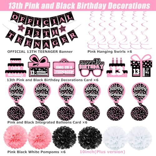 Image of 13th Birthday Decorations for Girls, Pink Black Official 13th Teenager Banner Party Decorations, Happy Thirteen Birthday Decor Double-Sided Card Pompoms Hanging Swirls for 13 Years Girls Gifts 48pcs