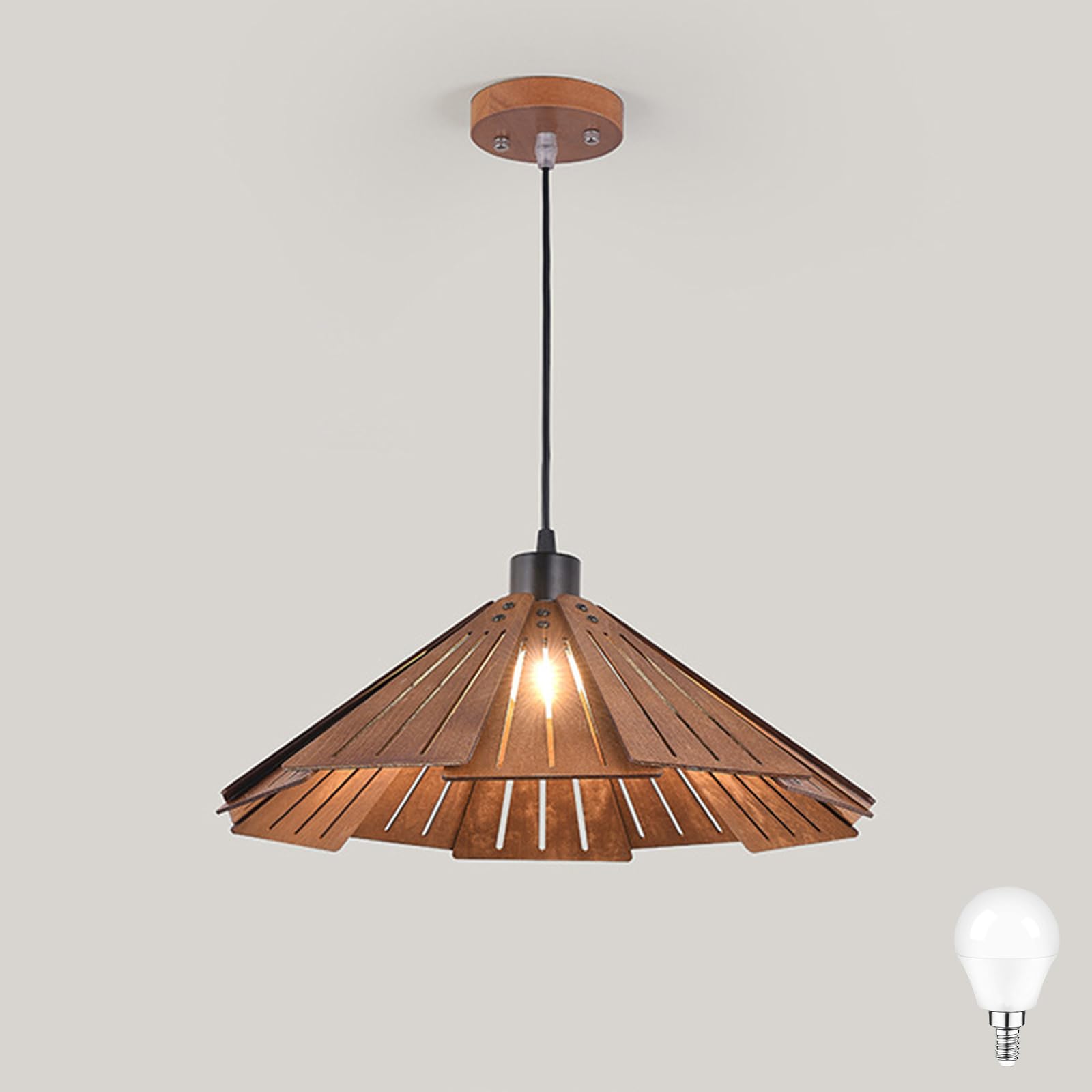 MRDEERDIY Pendant Light Ceiling Lighting Adjustable Height Wood Pendant Lampshade Vintage Industrial Hanging Light E27 Socket for Kitchen, Dining Room, Bedroom, Living Room (1 Warm Bulb)