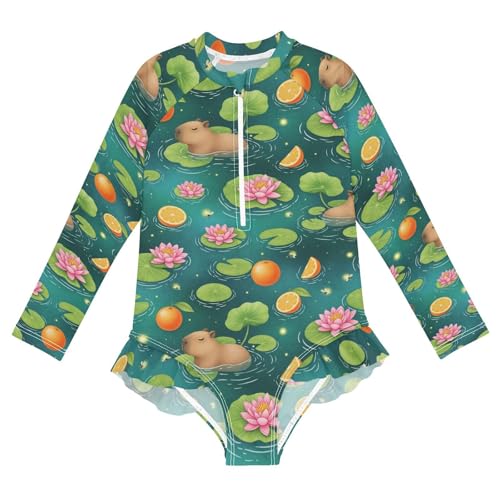 Cute Animals Orange Background Girls Rash Guard Swimsuits Long Sleeve One Pieces Bathing Suit UPF 50+ Zipper Swimwear