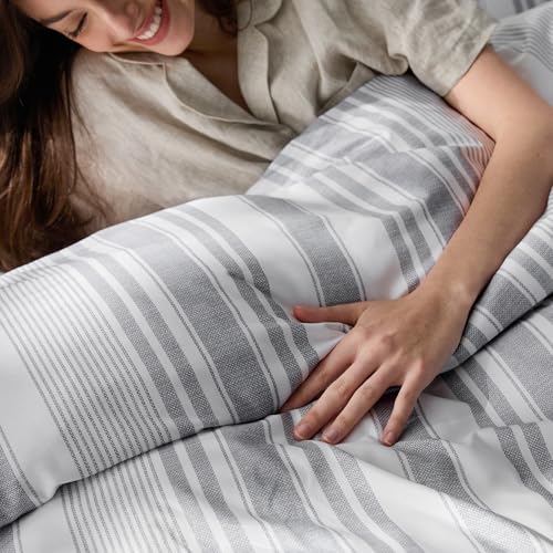 Image of Bedsure Duvet Cover Queen Size - Striped Reversible Duvet Cover Set with Zipper Closure, 3 Pieces Grey Bedding Set with 8 Corner Ties and 2 Pillow Shams 20 inchx26 inch