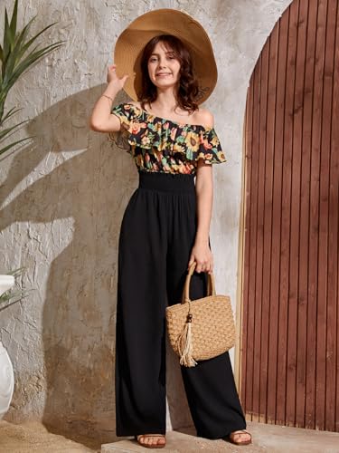 Image of Milumia Girl's Casual Smocked Paperbag High Waist Pocket Wide Leg Pants Black 10Y