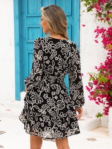 Image of Simplee Womens Spring Floral Mini Dress Long Sleeve Boho Chiffon Short Dress Casual Flowy Fall Wedding Guest Dresses