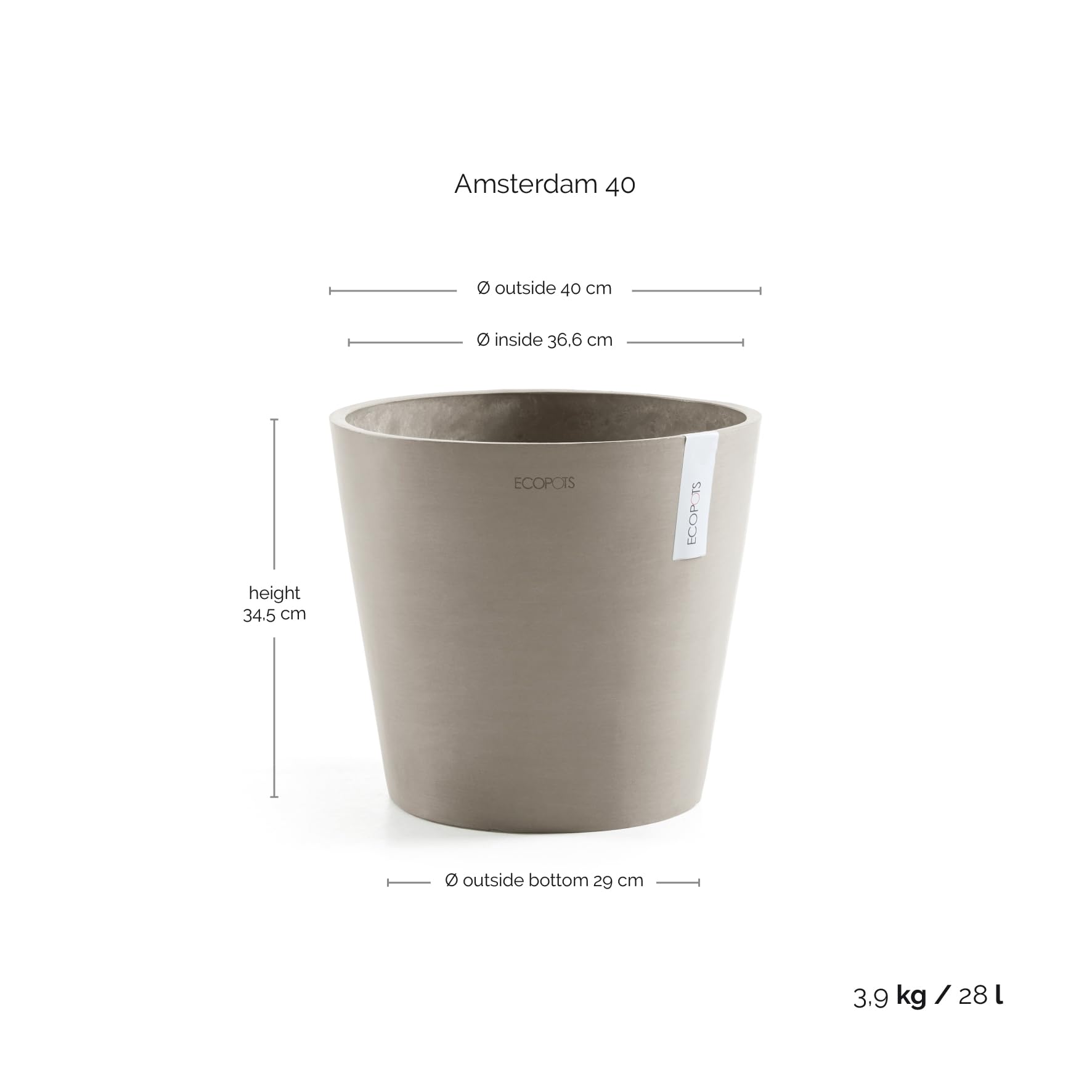 Ecopots Amsterdam 40 Blumentopf - L 40 cm x H 34,5 cm - Innen- und Außenbereich